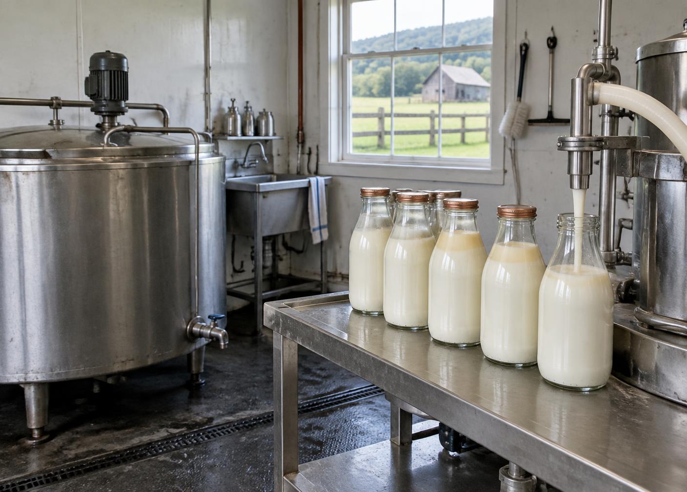 Glass milk bottles beside a small stainless filler
