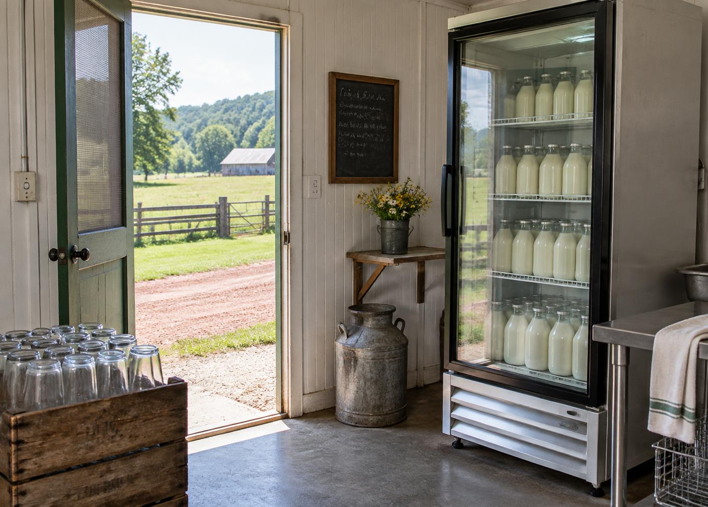 Calder Dairy farm cooler with glass bottles and washed returns